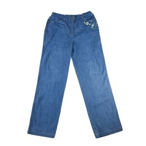 Koret Size 10 Denim Jeans Floral Embroidered Elastic Waist Mom Straight Leg VTG